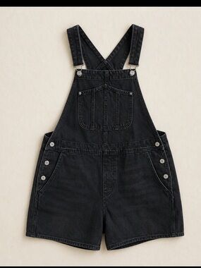 Old Navy Black Denim Shortalls Women Large Button Side Overall Shorts Streetwear